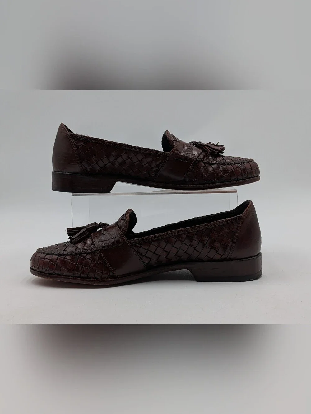 Bragano Size 10M Men's Oxblood-Brown Woven Leather Tassel Loafers Made in Italy